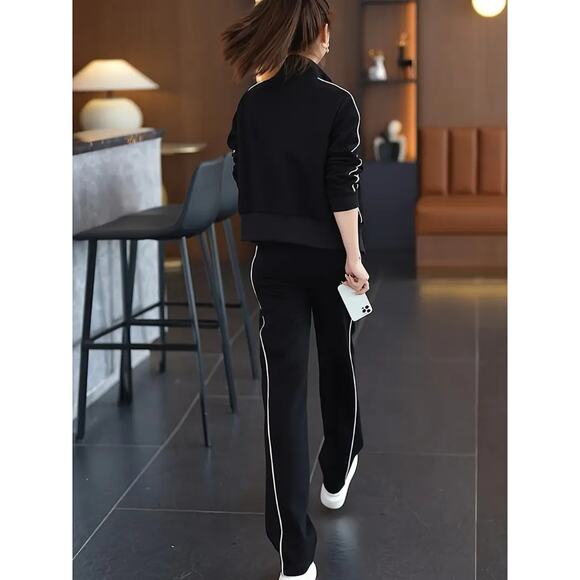 NWT ~ 2 Piece Black Casual Track Suit Sweatsuit White Trim Activewear ~ Size 2 - Picture 3 of 4